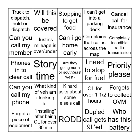 Dispatch Bingo Card