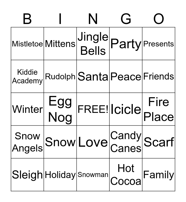 Kiddie Academy Holiday Party Bingo Card