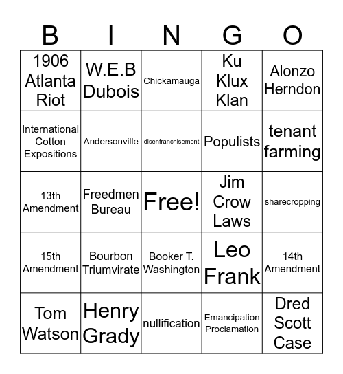 Unit 4/5 New South Bingo Card