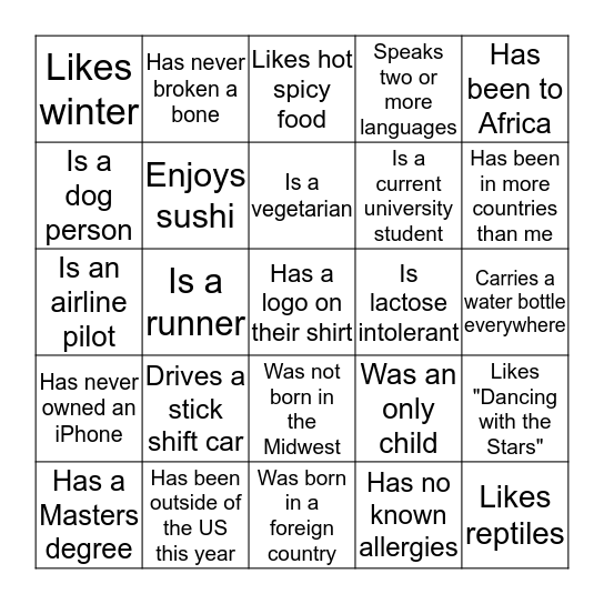 Get To Know Each Other! Bingo Card