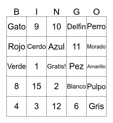 Numeros, Colores y Animales Bingo Card