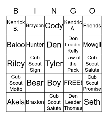 Cub Scout Bingo Card