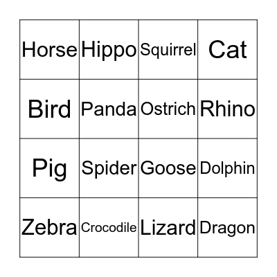 Animal Bingo Card