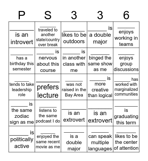 Your Name _____________ Bingo Card