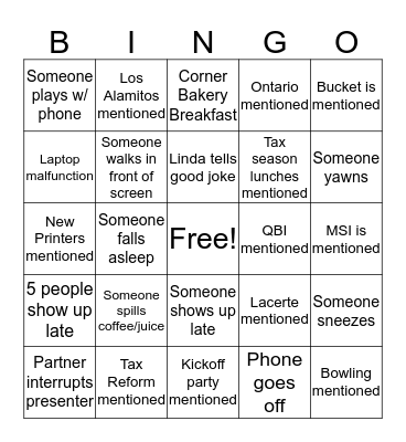 Kick Off Meeting Bingo Card