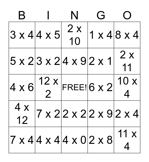 Multiplying by 2's and 4's Bingo Card