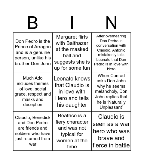 Much Ado About Nothing  Bingo Card