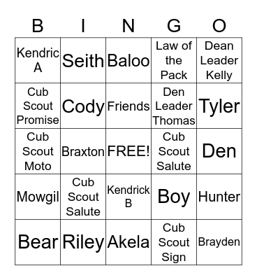 Cub Scout Bingo Card