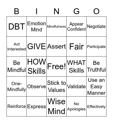 DBT Skills Bingo! Bingo Card