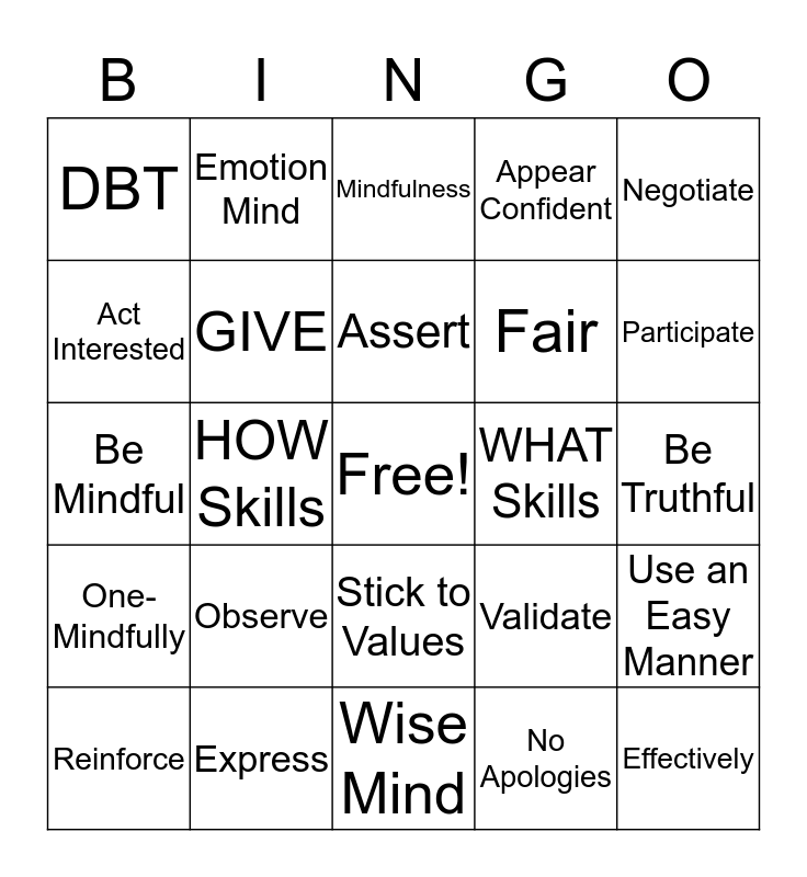 DBT Skills Bingo! Bingo Card