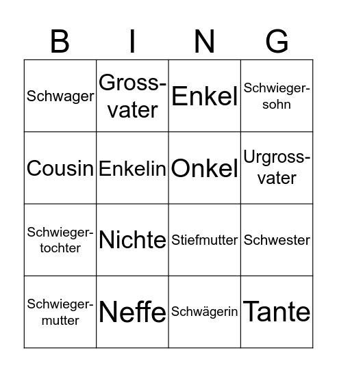 Familienmitglieder Bingo Card