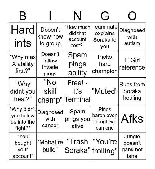 League of Stupid Bingo Card