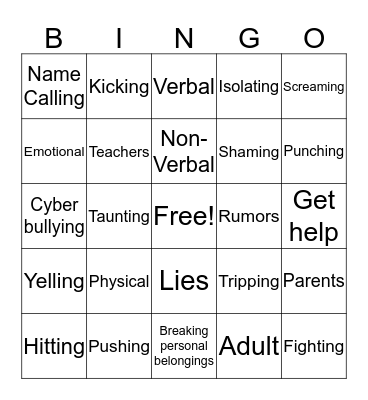 Anti Bullying Bingo Card