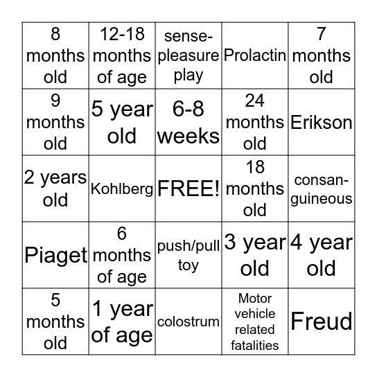Infant, Toddler, Preschool, Theorists Bingo Card