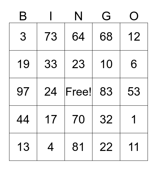 French Numbers 1-100 Bingo Card