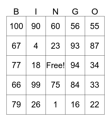 French numbers 1-100 Bingo Card