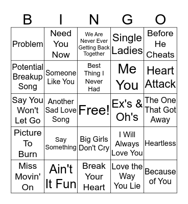 Breakup Hits Bingo Card