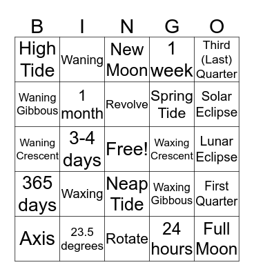 Sun, Moon, and Earth Bingo Card
