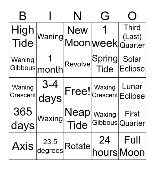 Sun, Moon, and Earth Bingo Card