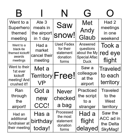Aflac Travel  Bingo Card
