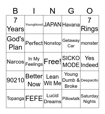 Today's Hits Bingo Card