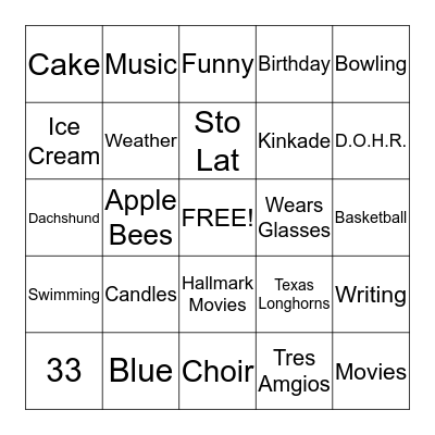 Johanna's 33rd Birthday Bingo Card