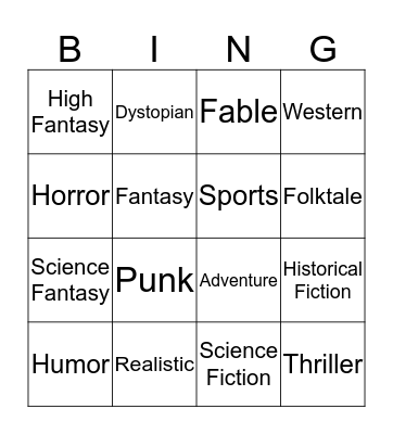 Book Genre Bingo Card