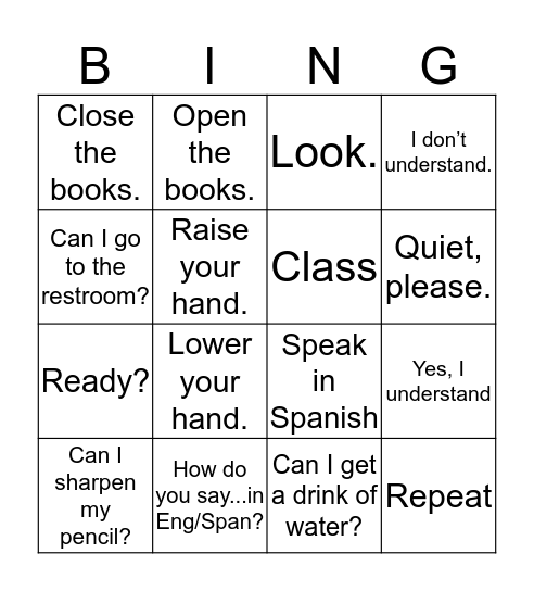 Classroom Phrases Bingo Card