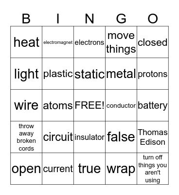 Electricity Bingo Card