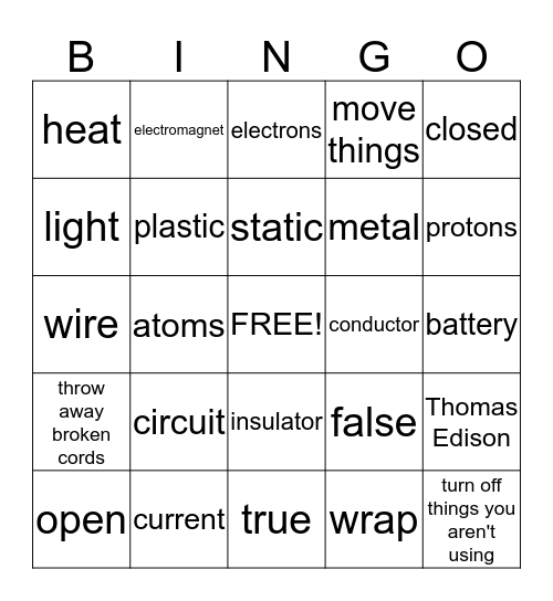 Electricity Bingo Card