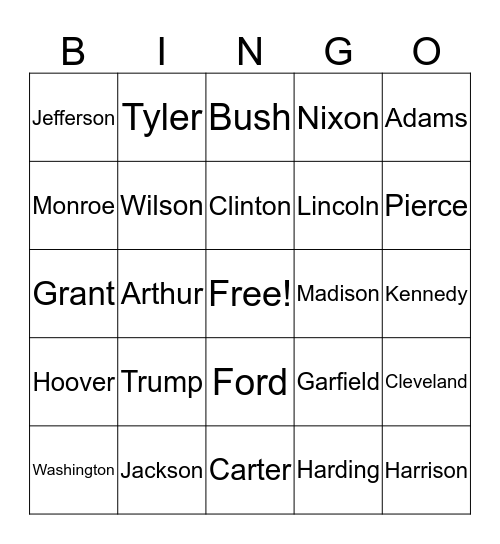 Presidential LAST NAME Bingo Card