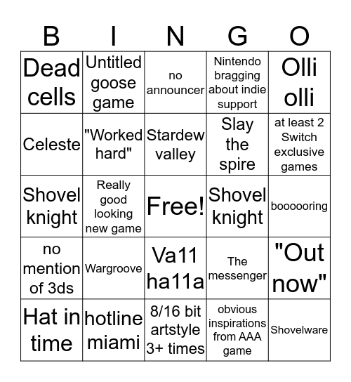 Nindies Bingo Card