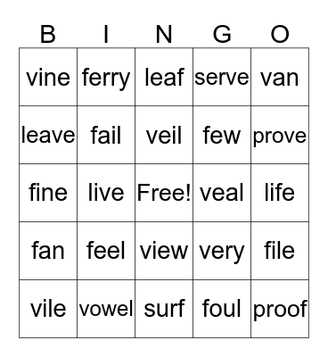 F and V Pronunciation Bingo Card