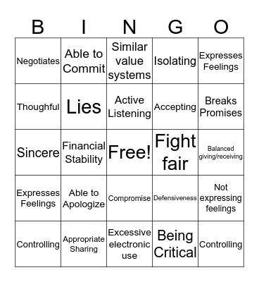 Relationships Bingo Card