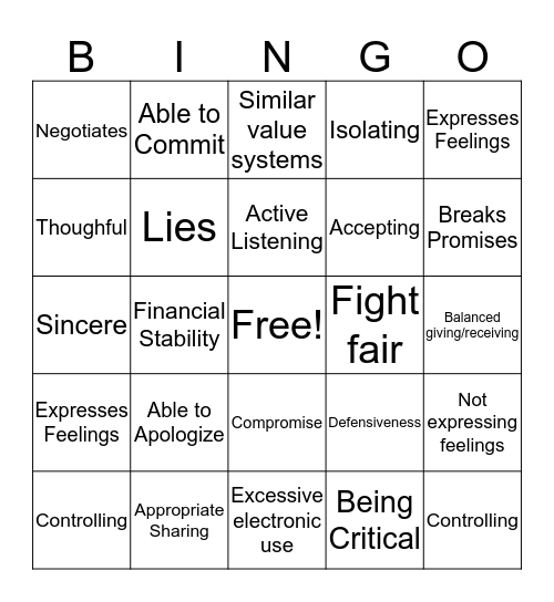 Relationships Bingo Card