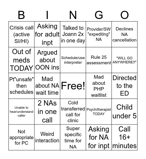 Intake advisor bingo Card