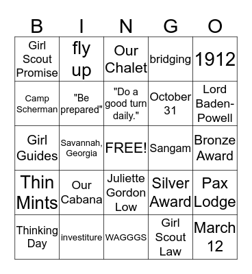 Girl Scout Mini Jam Bingo Card