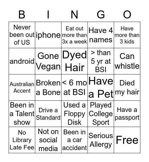 Getting to Know You  Bingo Card