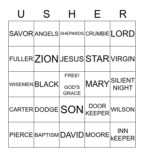 Zion Baptist Usher Christmas Party Bingo Card