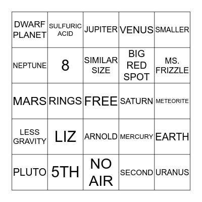 Solar System Bingo Card