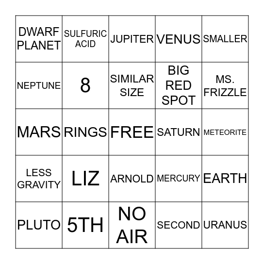 Solar System Bingo Card