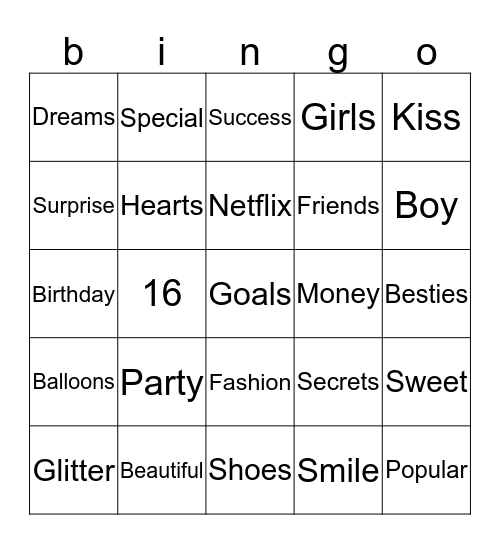 Sweet Sixteen Bingo Card