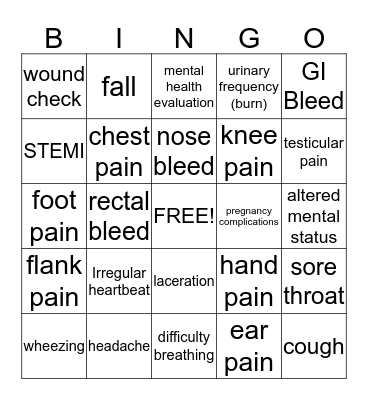 Chief Complaint Bingo Card