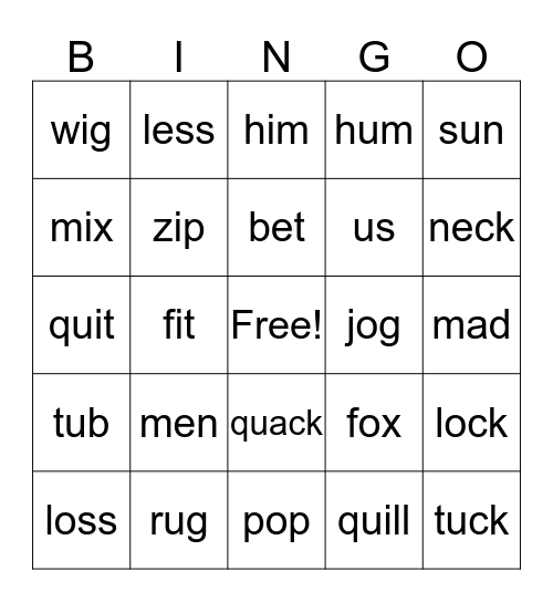 Short Vowel Bingo Card