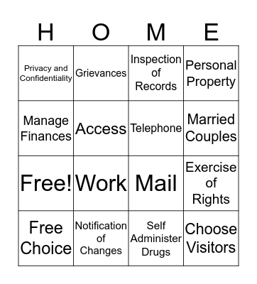 Resident Rights Bingo Card