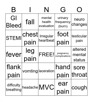 Chief Complaint Bingo Card