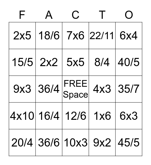 Fact Families Bingo Card