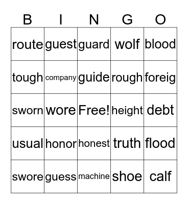 Sight Words #5 Bingo Card