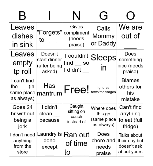 Spouse Bingo Card