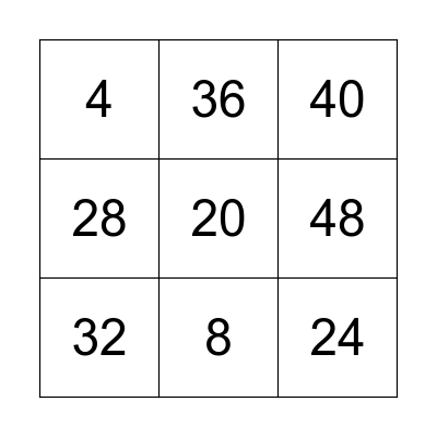 4 Times Table BINGO Card